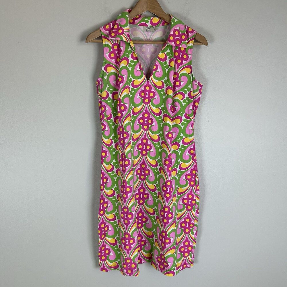 Katherine Way Pink Green Yellow Retro Floral A-Line Mini Dress